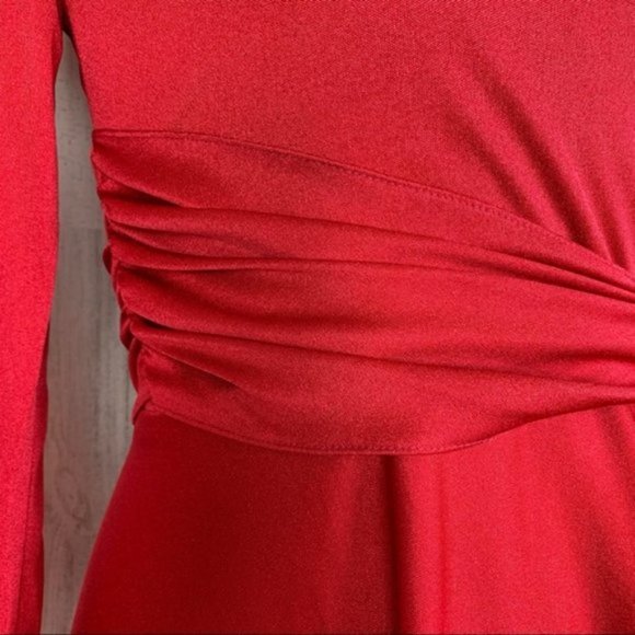 Vintage 70s Bright Red Faux Wrap Midi Dress - Picture 5 of 12